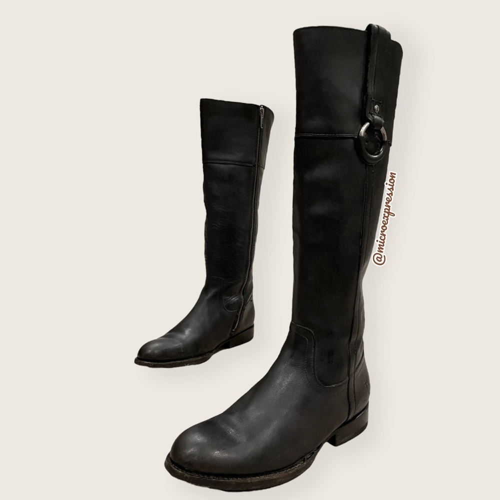 $389 Frye Jamie Ring Tall Distressed Stone Black Leather Knee High Zip Up Boot - Picture 6 of 14